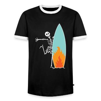 Surfing skeleton with burning surfboard - Men's Ringer Shirt - black/white - Front - AI Model Female 172 light (172cm) & AI Model Male 178 light (178cm)