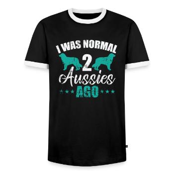 I was Normal 2 Aussies ago Australian Shepherd - Men's Ringer Shirt - black/white - Front - AI Model Female 172 light (172cm) & AI Model Male 178 light (178cm)