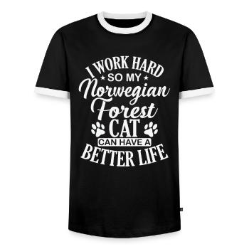 Je travaille dur pour mon chat forestier norvégien - T-shirt contrasté Homme - noir/blanc - Devant - AI Model Female 172 light (172cm) & AI Model Male 178 light (178cm)