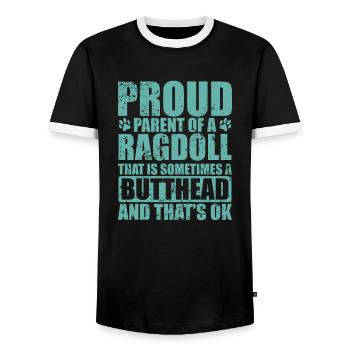 Fier parent d’un chat ragdoll Hauskatze - T-shirt contrasté Homme - noir/blanc - Devant - AI Model Female 172 light (172cm) & AI Model Male 178 light (178cm)