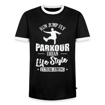 Run Jump Fly Parkour Urban Life Style Sport - Men's Ringer Shirt - black/white - Front - AI Model Female 172 light (172cm) & AI Model Male 178 light (178cm)