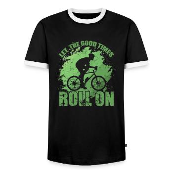 Let The Good Times Roll on Cycling - Men's Ringer Shirt - black/white - Front - AI Model Female 172 light (172cm) & AI Model Male 178 light (178cm)