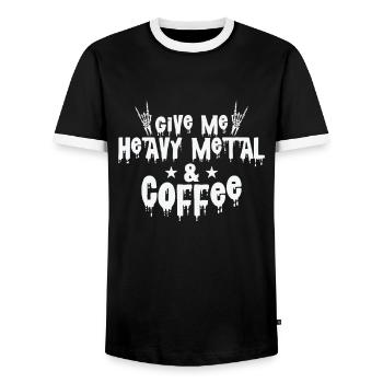 Give Me Heavy Metal and Coffee Music Band - Men's Ringer Shirt - black/white - Front - AI Model Female 172 light (172cm) & AI Model Male 178 light (178cm)