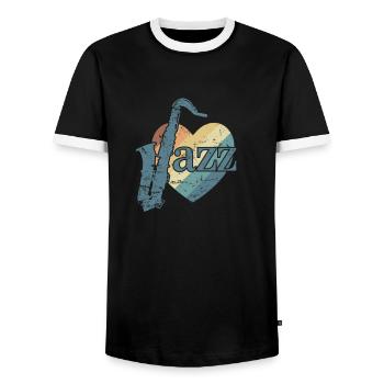 Jazz with saxophones and heart saxophone - Men's Ringer Shirt - black/white - Front - AI Model Female 172 light (172cm) & AI Model Male 178 light (178cm)