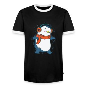 Penguin écoute de la musique avec des écouteurs Antarctique - T-shirt contrasté Homme - noir/blanc - Devant - AI Model Female 172 light (172cm) & AI Model Male 178 light (178cm)