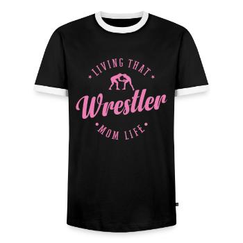 Living that Wrestler Mom Life Show Fight - Men's Ringer Shirt - black/white - Front - AI Model Female 172 light (172cm) & AI Model Male 178 light (178cm)