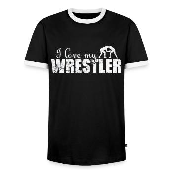 I Love my Wrestler Show Ring Fight Stunt - Men's Ringer Shirt - black/white - Front - AI Model Female 172 light (172cm) & AI Model Male 178 light (178cm)