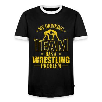 My Drinking Team has a Wrestling Problem - Men's Ringer Shirt - black/white - Front - AI Model Female 172 light (172cm) & AI Model Male 178 light (178cm)