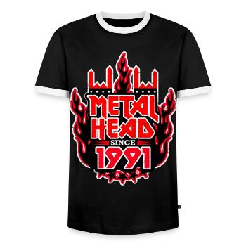 METALHEAD since 1991 - Men's Ringer Shirt - black/white - Front - AI Model Female 172 light (172cm) & AI Model Male 178 light (178cm)