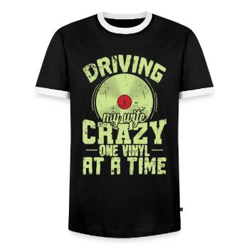 Driving my Wife Crazy one Vinyl at a Time - Men's Ringer Shirt - black/white - Front - AI Model Female 172 light (172cm) & AI Model Male 178 light (178cm)