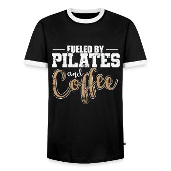 Fueled by Pilates and Coffee Powerhouse - Men's Ringer Shirt - black/white - Front - AI Model Female 172 light (172cm) & AI Model Male 178 light (178cm)