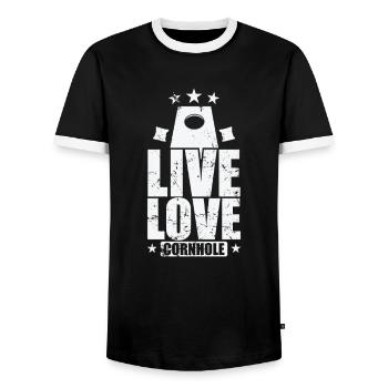 Live Love Cornhole Game Leisure Hobby - Men's Ringer Shirt - black/white - Front - AI Model Female 172 light (172cm) & AI Model Male 178 light (178cm)