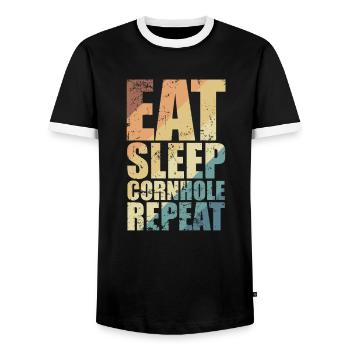 Eat Sleep Cornhole Repeat Game Leisure - Men's Ringer Shirt - black/white - Front - AI Model Female 172 light (172cm) & AI Model Male 178 light (178cm)
