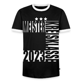 Meister Kreisklasse 2023 Aufstiegstrikot - Männer Kontrast-T-Shirt - Schwarz/Weiß - Vorne - AI Model Female 172 light (172cm) & AI Model Male 178 light (178cm)