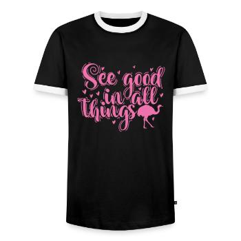 Voir le bien en toutes choses autruche ratite - T-shirt contrasté Homme - noir/blanc - Devant - AI Model Female 172 light (172cm) & AI Model Male 178 light (178cm)