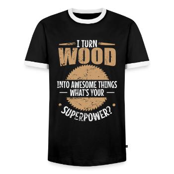 I turn Wood into Awesome Things Waldarbeiter - Men's Ringer Shirt - black/white - Front - AI Model Female 172 light (172cm) & AI Model Male 178 light (178cm)