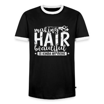 Making Hair beautiful is Kinda my Thing Friseur - Männer Kontrast-T-Shirt - Schwarz/Weiß - Vorne - AI Model Female 172 light (172cm) & AI Model Male 178 light (178cm)