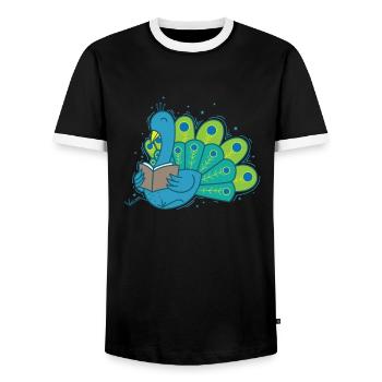 Peacock reads a book Bird Animal Feathers - Men's Ringer Shirt - black/white - Front - AI Model Female 172 light (172cm) & AI Model Male 178 light (178cm)