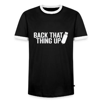 Back That Thing up USB Stick - Men's Ringer Shirt - black/white - Front - AI Model Female 172 light (172cm) & AI Model Male 178 light (178cm)