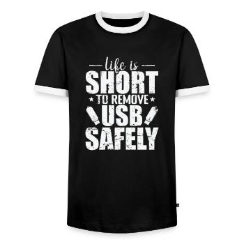 Life is Short to Remove USB Safely Disk - Men's Ringer Shirt - black/white - Front - AI Model Female 172 light (172cm) & AI Model Male 178 light (178cm)