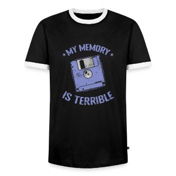 My Memory is Terrible floppy disk memory module - Men's Ringer Shirt - black/white - Front - AI Model Female 172 light (172cm) & AI Model Male 178 light (178cm)
