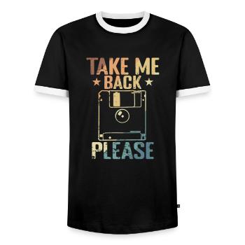 Take me back Please Floppy Disk Retro Storage Module - Men's Ringer Shirt - black/white - Front - AI Model Female 172 light (172cm) & AI Model Male 178 light (178cm)