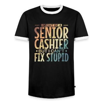 I might be a Senior Cashier but I can't fix Stupid - Männer Kontrast-T-Shirt - Schwarz/Weiß - Vorne - AI Model Female 172 light (172cm) & AI Model Male 178 light (178cm)