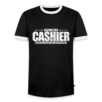 Yew I am a Cashier Don't look so suprised - Men's Ringer Shirt - black/white - Front - AI Model Female 172 light (172cm) & AI Model Male 178 light (178cm)