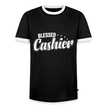 Bless Cashier Vendor Supermarket - Men's Ringer Shirt - black/white - Front - AI Model Female 172 light (172cm) & AI Model Male 178 light (178cm)