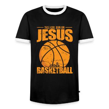 This Girl run on Jesus and Basketball - Men's Ringer Shirt - black/white - Front - AI Model Female 172 light (172cm) & AI Model Male 178 light (178cm)