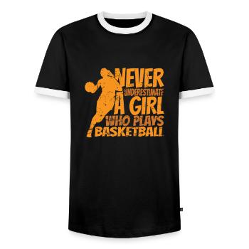Ne sous-estimez jamais une fille qui joue au basket-ball - T-shirt contrasté Homme - noir/blanc - Devant - AI Model Female 172 light (172cm) & AI Model Male 178 light (178cm)