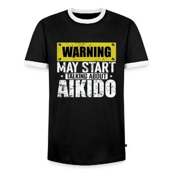 Warning may Start talking about Aikido Sport - Men's Ringer Shirt - black/white - Front - AI Model Female 172 light (172cm) & AI Model Male 178 light (178cm)