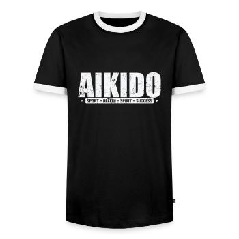 Aikido Sport Health Spirit Success Martial Arts - Men's Ringer Shirt - black/white - Front - AI Model Female 172 light (172cm) & AI Model Male 178 light (178cm)