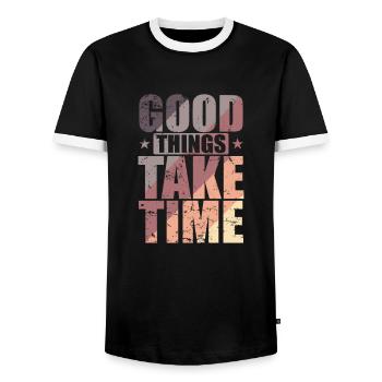 Good things take time Quality over quantity - Men's Ringer Shirt - black/white - Front - AI Model Female 172 light (172cm) & AI Model Male 178 light (178cm)