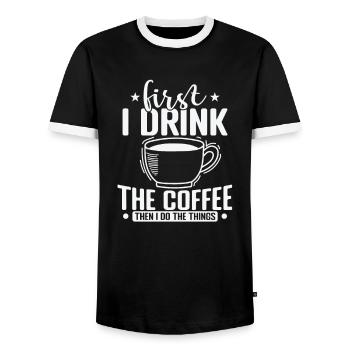 First I Drink the Coffee then I Do the Things - Men's Ringer Shirt - black/white - Front - AI Model Female 172 light (172cm) & AI Model Male 178 light (178cm)