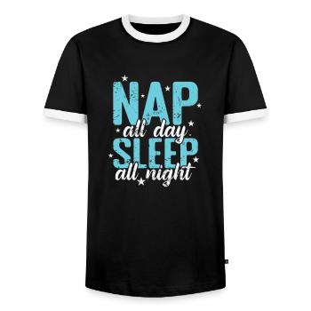 Nap all Day Sleep all Night Bed Dreaming - Men's Ringer Shirt - black/white - Front - AI Model Female 172 light (172cm) & AI Model Male 178 light (178cm)