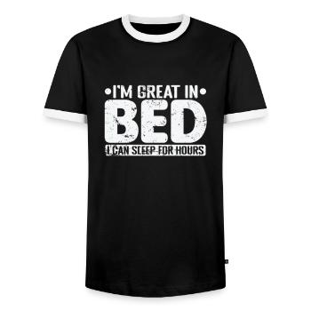 I'm great in Bed I can sleep for Hours Nacht - Men's Ringer Shirt - black/white - Front - AI Model Female 172 light (172cm) & AI Model Male 178 light (178cm)