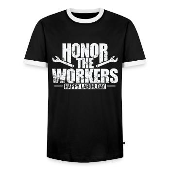 Honor the Workers Happy Labor Day - Männer Kontrast-T-Shirt - Schwarz/Weiß - Vorne - AI Model Female 172 light (172cm) & AI Model Male 178 light (178cm)