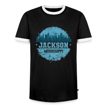 Jackson, Mississippi, a city in Jackson, Mississippi - Men's Ringer Shirt - black/white - Front - AI Model Female 172 light (172cm) & AI Model Male 178 light (178cm)