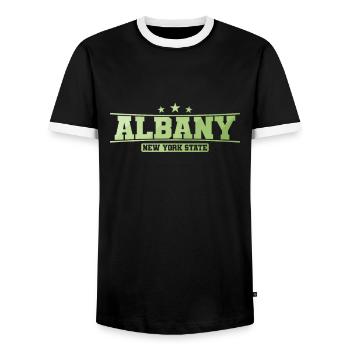 Albany City, New York State - Men's Ringer Shirt - black/white - Front - AI Model Female 172 light (172cm) & AI Model Male 178 light (178cm)