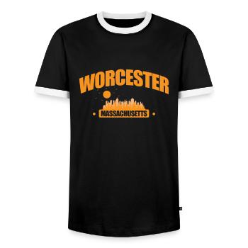 Worcester, Massachusetts City in the USA - Men's Ringer Shirt - black/white - Front - AI Model Female 172 light (172cm) & AI Model Male 178 light (178cm)