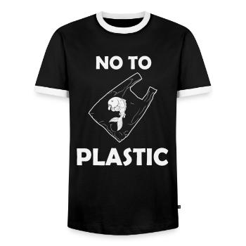 No to Plastic - Men's Ringer Shirt - black/white - Front - AI Model Female 172 light (172cm) & AI Model Male 178 light (178cm)