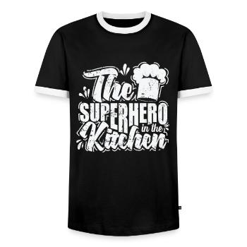 The Superhero in the Kitchen - Men's Ringer Shirt - black/white - Front - AI Model Female 172 light (172cm) & AI Model Male 178 light (178cm)