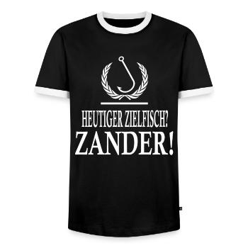 Angler, Zander, Zanderangler - Männer Kontrast-T-Shirt - Schwarz/Weiß - Vorne - AI Model Female 172 light (172cm) & AI Model Male 178 light (178cm)