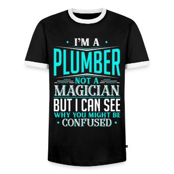I'm A Plumber Not A Magician But I can See Why - Men's Ringer Shirt - black/white - Front - AI Model Female 172 light (172cm) & AI Model Male 178 light (178cm)