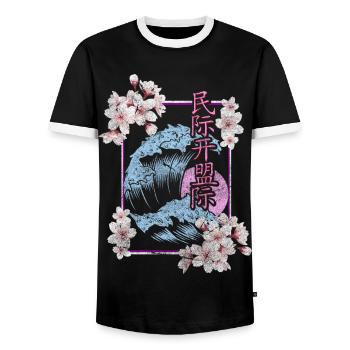 Cherry Blossom Asia Blossom Colorful - Men's Ringer Shirt - black/white - Front - AI Model Female 172 light (172cm) & AI Model Male 178 light (178cm)