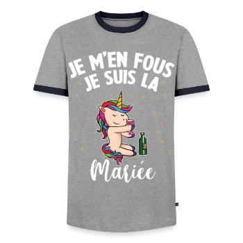 Je m'en fou j suis la Mariée Bride EVJF Licorne - T-shirt contrasté Homme - gris/marine  - Devant - AI Model Female 172 light (172cm) & AI Model Male 178 light (178cm)