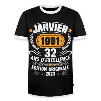 Cadeau D'anniversaire 32 Ans Janvier 1991 Vintage - T-shirt contrasté Homme - noir/blanc - Devant - AI Model Female 172 light (172cm) & AI Model Male 178 light (178cm)