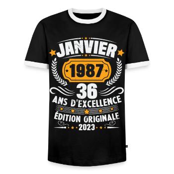 Cadeau D'anniversaire 36 Ans Janvier 1987 Vintage - T-shirt contrasté Homme - noir/blanc - Devant - AI Model Female 172 light (172cm) & AI Model Male 178 light (178cm)