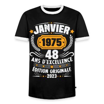 Cadeau D'anniversaire 48 Ans Janvier 1975 Vintage - T-shirt contrasté Homme - noir/blanc - Devant - AI Model Female 172 light (172cm) & AI Model Male 178 light (178cm)